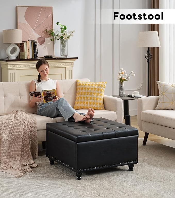 Tbfit Large Square Storage Ottoman Bench, Button Tufted Coffee Table, Oversized Storage Ottomans Toy Box Footrest for Living Room, Black