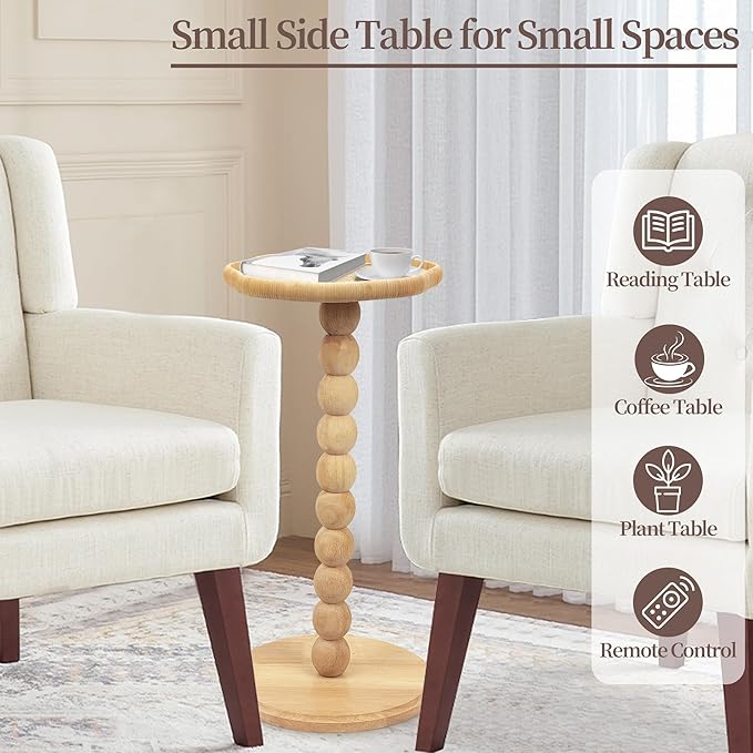Drink Table, Boho Rattan Flower Small Side Table for Small Spaces, Solid Wood Modern Nightstand for Living Room, Bedroom, Farmhouse, Corners