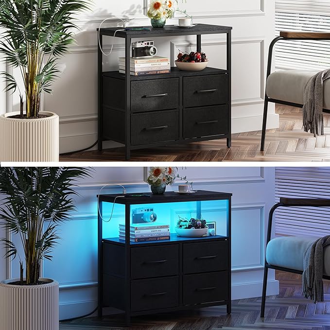 TUTOTAK LED Night Stand with Charging Station, Large Nightstand with USB and Type-C Port, Bedside Table with Cloth Drawers, End Table for Livingroom, Bedroom, Black TB01BK081L