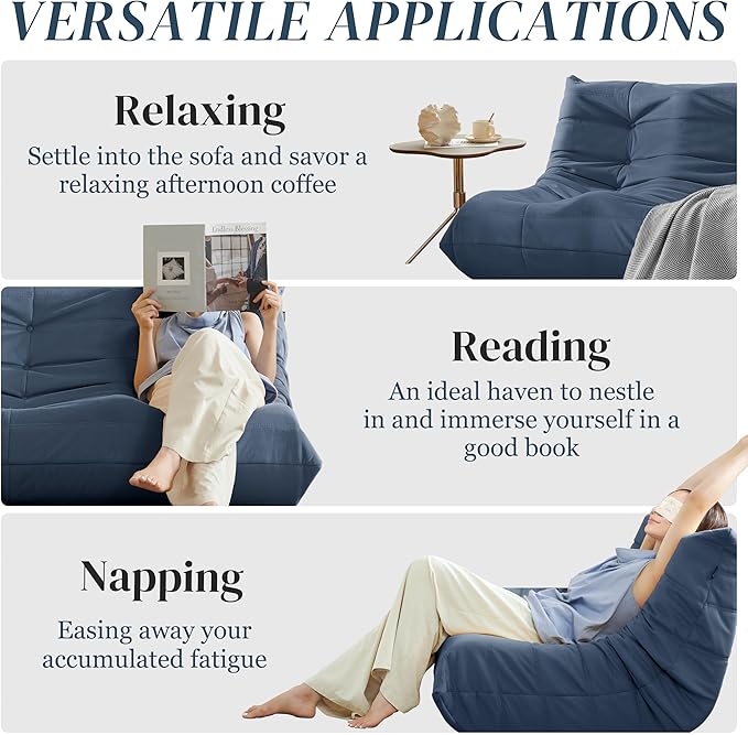 Bean Bag Chair, Loveseat Fireside Chair Bean Bag Sofa for Adults, 2 Seater Bean Bag Chairs for Teens with High-Resilience Foam, Memory Foam Bean Bag for Living Room, Bedroom, Office (Suede, Dark Blue)