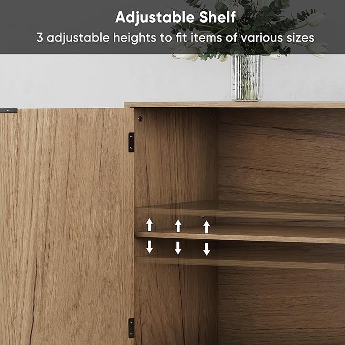 Smuxee Fluted Sideboard Cabinet, Freestanding Natural Buffet Cabinet with Adjustable Shelf, Wood Storage Cabinet for Living Room, Entryway, Hallway