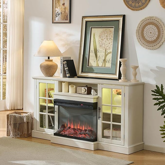 ROCKPOINT 3 Sided Glass 59'' Fireplace TV Stand for TVs up to 65'', Media Entertainment Center with Glass Door Storage Cabinet for Living Room,24” Electric Fireplace & Adjustable LED Light,White