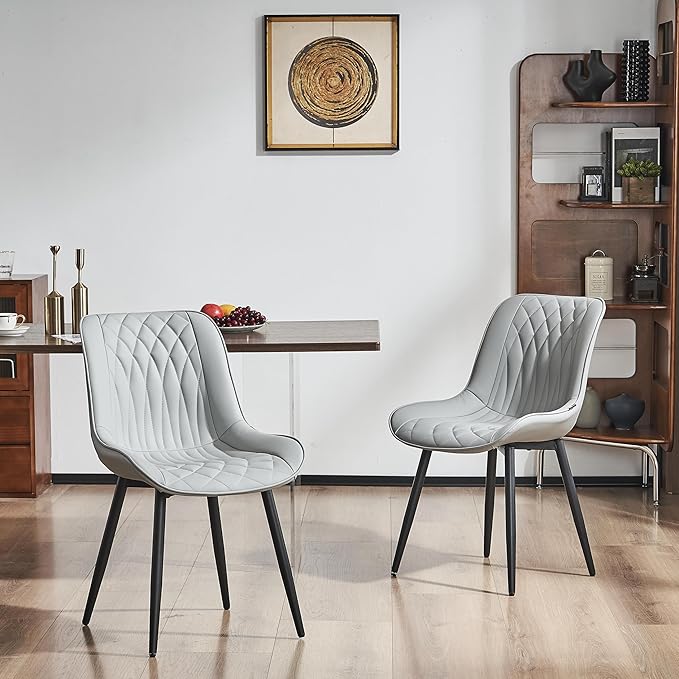 YOUNIKE Dining Chairs Set of 2 with High Backs Grey Mid Century Modern Kitchen & Dining Room Chairs PU Faux Leather Upholstered Wide Seat Accent Chair Comfortable Large Padded Side Living Room Chairs