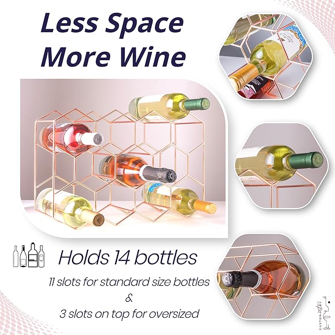 Gusto Nostro Countertop Wine Rack - 14 Bottle Freestanding Modern Metal Wine Rack - 3 Tier Tabletop Wine Holder Stand for Cabinet, Pantry Wine Bottle Storage - No Assembly Required (Small, Rose Gold)