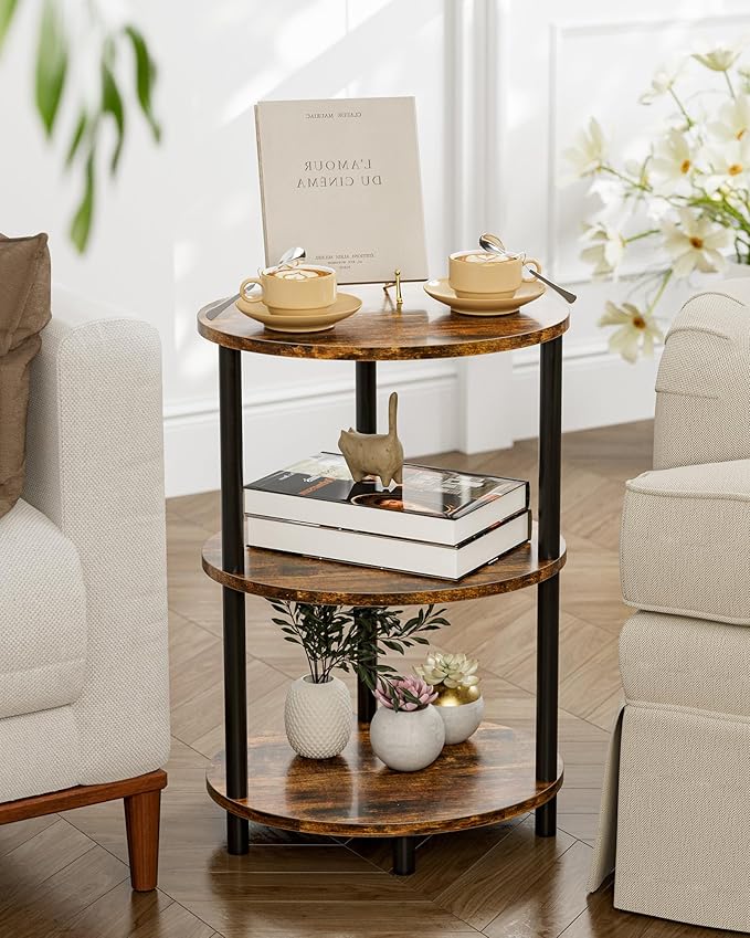 Small Round Side Table - 3-Tier Oval Accent Table for Small Spaces, Rustic Wood and Metal Couch End Table, Nightstand for Bedroom or End Table Living Room, Easy to Assemble, Rustic Brown