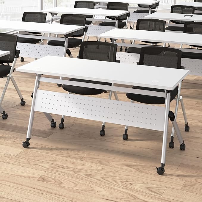 Bush Business Furniture Folding Training Table Set for 2, 60 inch, 2 Mesh Back Folding Chairs, Commercial-Grade Bundle for Office or Classroom, Envision Collection, White