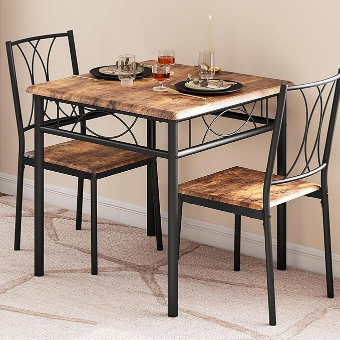 GarveeHome Small Dining Table Set for 2, Square Table and Chairs Set of 2, 3 Piece Kitchen Table Set of 2 with Upholstered Chairs, Dinner Table Set for 2 for Small Spaces, Apartment, Rustic Brown