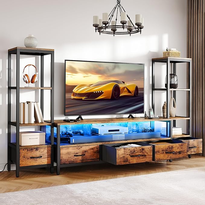 DWVO Entertainment Center with Bookshelves, LED TV Stand for 65/60 inch TV, Retro TV Stand for Living Room with 2 Industrial 4-Tier Bookshelves & Power Outlets,Rustic Brown