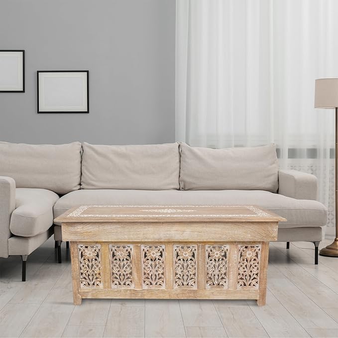 Lightnpro Handmade Wooden Coffee Table - Rectangular Foldable Table with Storage,Intricate Carving, Modern & Contemporary Home Décor, Compact Living Room Furniture – 40 Inch White Wash Finish