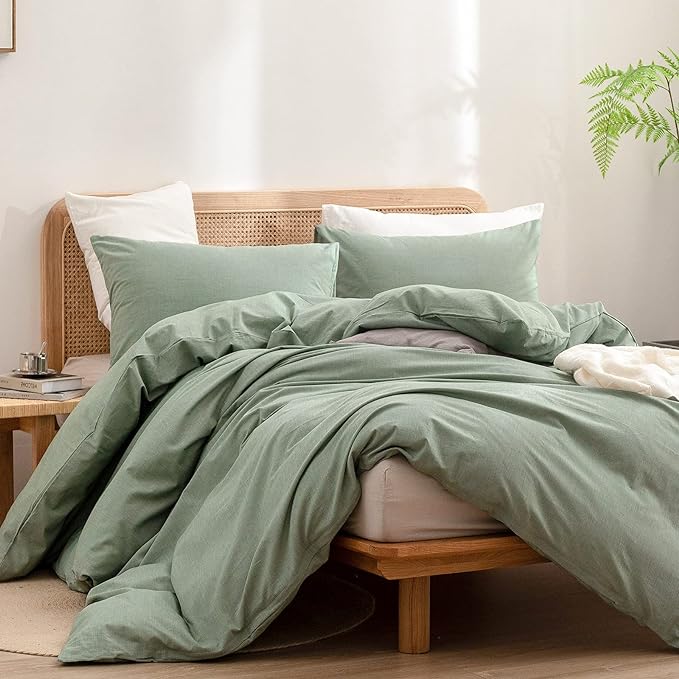 BESTOUCH Duvet Cover Set 100% Washed Cotton Linen Feel Super Soft Comfortable Chic Lightweight 2 PCs Home Bedding Set Solid Green Twin/Twin XL