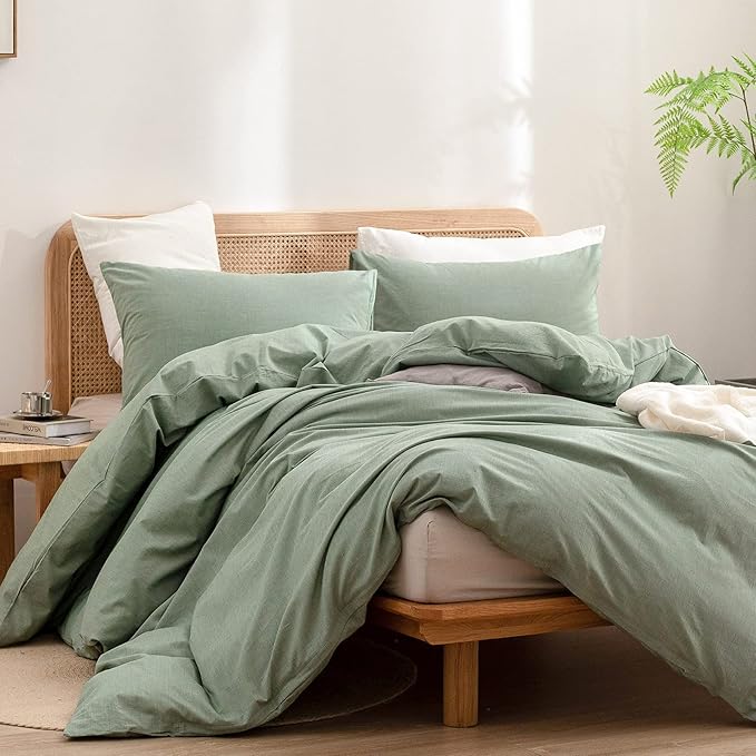 BESTOUCH Duvet Cover Set 100% Washed Cotton Linen Feel Super Soft Comfortable Chic Lightweight 3 PCs Home Bedding Set Solid Green Super Queen