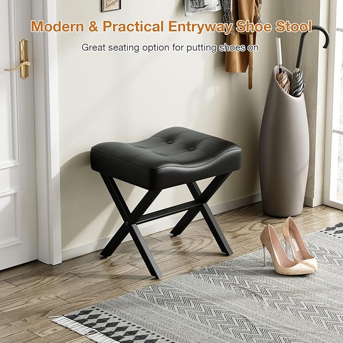 18-Inch Large Leather Vanity Stool, Vanity Chair with Metal X-Leg, Ottoman Foot Stool with Thick Padded Saddle Seat, Black