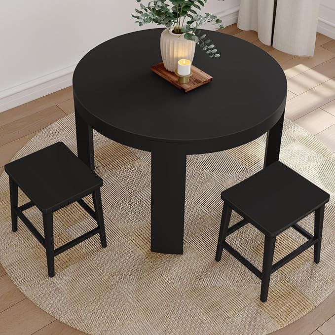 Plank+Beam Smythe Dining Stool, 18",Set of 4, Sturdy Wood Modern Kitchen Stool, Saddle Seat Backless Chair, Metal Footrest, Black