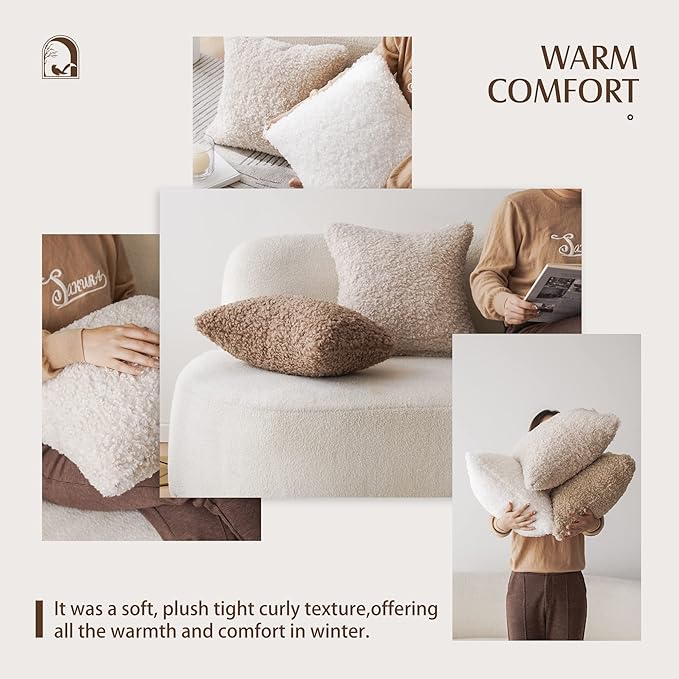 Foindtower 2 Pieces 22x22 Inch Chocolate, Faux Fur Throw Pillow Cover Accent Sherpa Pillow Fuzzy Soft Pillowcases Sheepskin Decorative Fleece Cushion Case for Bed Couch Living Room