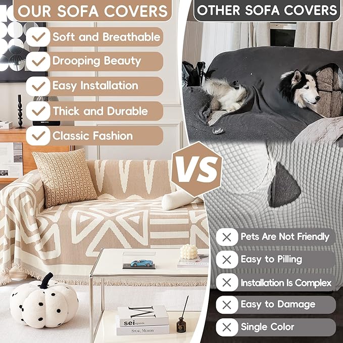 STACYPIK Reversible Khaki Beige Couch Cover Boho Couch Cover for Dogs with Tassels Anti-Slip Furniture Protector for 2 Cushion Couch Versatile Sofa Protector Washable Loveseat Cover Decor-71X102IN