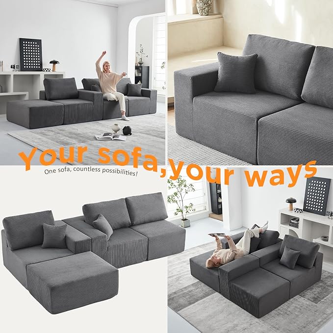 INGEROOM 108" Cloud Sectional Couch, Modular Sectional Sofa with L-Shaped Chaise, Modern Plush Corduroy Couch for Living Room Bedroom, No Assembly Required, Deep Seating Floor（Dark Gray）