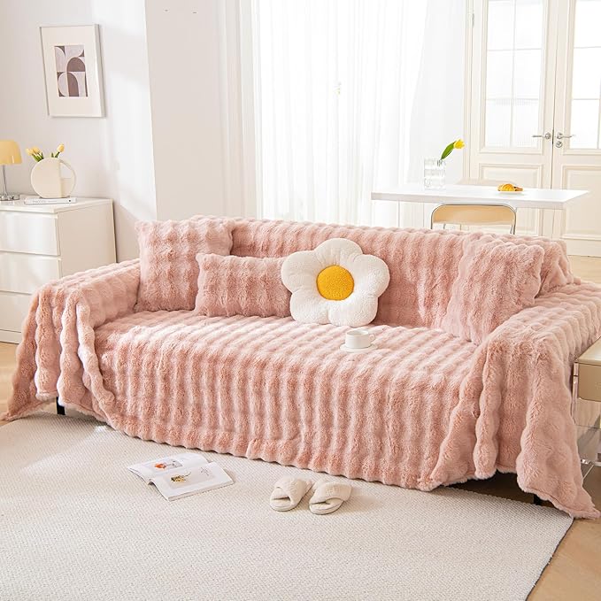 VM VOUGEMARKET Plush Couch Cover 1-Piece Thick Faux Rabbit Fur Sofa Throw Cover Warm Soft Smooth Furniture Cover,Fluffy Puffy Sofa Slipcover for Kids,Pets-Pink,71" x 118"