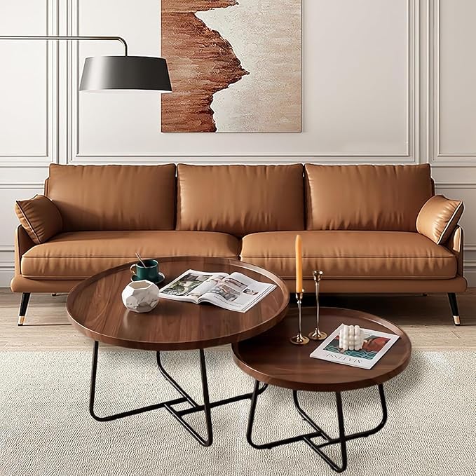 Round Nesting Coffee Table Set of 2, 28" Round Walnut with Fluted,Mid Century Modern,Center for Living Room Bedroom Office Balcony Yard