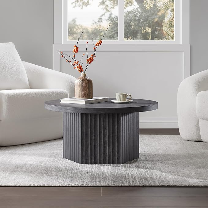SICOTAS Round Coffee Table for Living Room, Mid Century Modern Fluted Center Coffee Table with Storage, 32" Circle Accent Tea Dining Table for Apartment, Dark Grey Alder