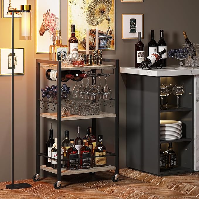TUTOTAK Bar Cart, Home Bar Serving Cart, Small Wine Cart with 3-Tier Shelf, Beverage cart, Drink Cart with Wine Rack and Glass Holder, Rolling bar carts for The Home, Living Room, Greige BC01BG035