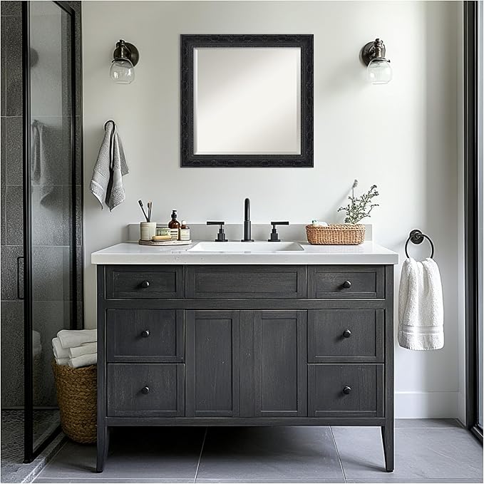 Amanti Art Bathroom Mirror for Over Sink, 25x25 Filigree Gloss Black Square Vanity Mirror, Medium Traditional Frame, Hangs Horizonally and Vertically, Bathroom Wall Decor, Beveled Edge