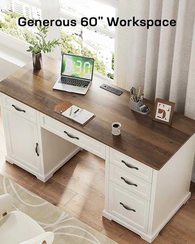 Marsail 60″ Farmhouse Executive Desk, Home Office Desk with Storage Cabinet, Charging Station, Adjustable Shelf, and File Drawer, Rustic Computer Writing Desk for Work & Study, Brown & White