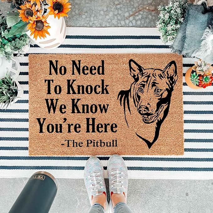Funny Coir Doormat with The Pitbull Dog We Know You are Here - Front Door Mat, Entryway Welcome Mat, 23.7 x 15.7 inch