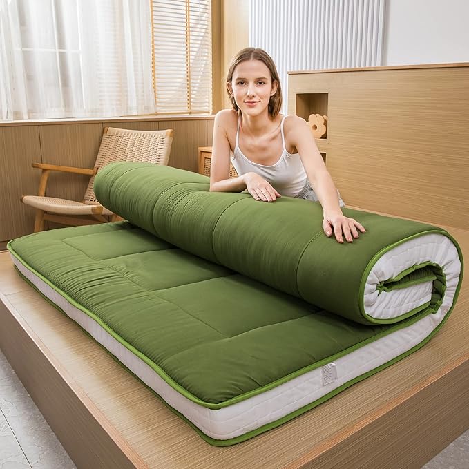 MAXYOYO Futon Mattress, Padded Japanese Floor Mattress Quilted Bed Mattress Topper, Extra Thick Folding Sleeping Pad Breathable Floor Lounger Guest Bed for Camping Couch, Green, Queen