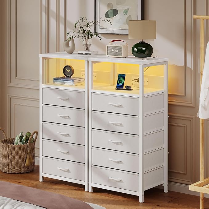Seventable Night Stand with Charging Station, Tall Nightstand with 5 Fabric Storage Drawers, Side Table with LED Light for Bedroom, Entryway, White, Set of 2
