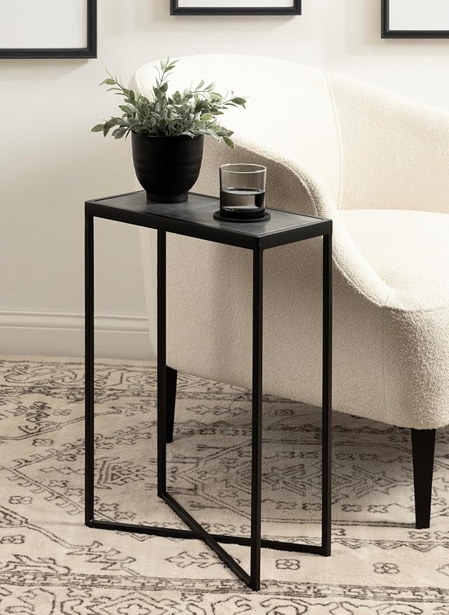 Kate and Laurel Jaspur Modern Slim Side Table, 16 x 8 x 24, Black Marble and Black, Decorative Glam Narrow End Table for Use as Skinny Bedroom Nightstand or Living Room Accent Table