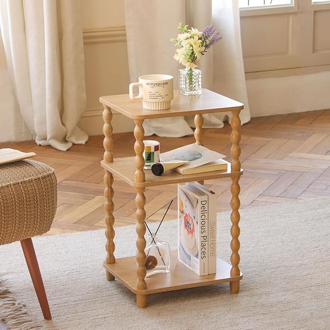 End Table, Modern Side Table with 3 Tier Open Shelf, Small Table Bed Side Tables Bedroom for Small Spaces, Living Room and Office (Rustic Walnut)