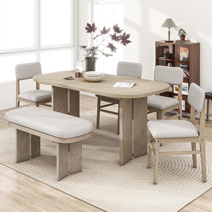 Merax Farmhouse Wooden Dining Set of 6, 65 Inch Rectangular Kitchen Table, Upholstered 4 Chairs with Backrest, Bench with Cushion, Easy Assemble, Natural