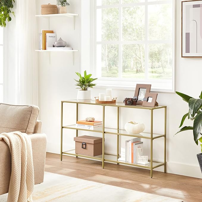 VASAGLE 51.2 Inch Console Table with 3 Shelves, Sofa Tables, Modern Entryway Table, Metal Frame, Tempered Glass Shelf, Entryway Living Room Bedroom, Metallic Gold and Transparent ULGT024A01
