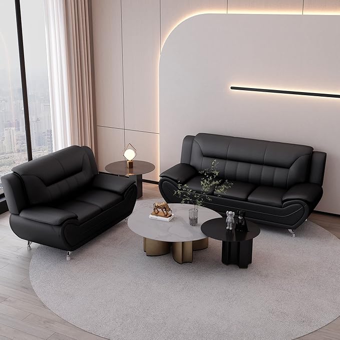 Container Furniture Direct Michael Modern Faux Leather Upholstered Stainless Steel Legs Living Room Sofa, Loveseat, Black