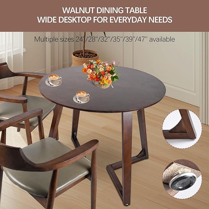 Round Rubber Solid Wood Dining Table - Mid Century Modern Style with V-Shaped Wooden Frame Base, Multi-Functional as Meeting/Coffee/Leisure Table,Space Saving Design,35”