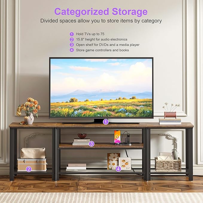 WelFurGeer Industrial Metal TV Stands with RGB LED Lights & Built-in Power Outlets - Modern TV Entertainment Center for Living Room, Open Grid Design TV Console with Storage (Brown)