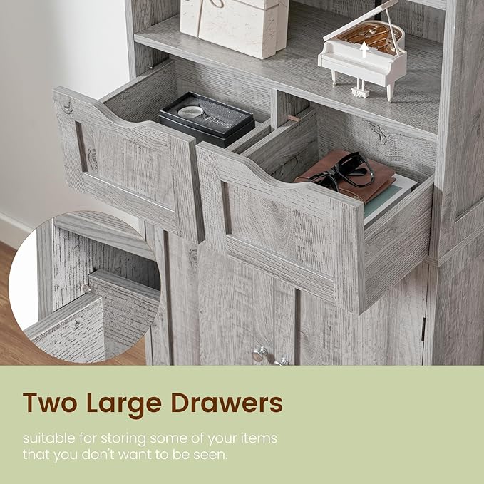 Iwell Tall Storage Cabinet with 2 Drawers & Adjustable Shelf, Bathroom Cabinet with Doors, Cupboard, Kitchen Cabinets for Living Room, Dining Room, Entryway, Grey