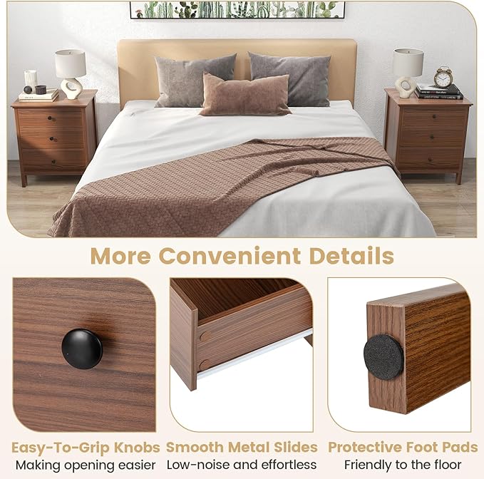 KOMFOTT 3 Drawers Nightstand, Wooden Bedside Table, Modern Sofa Side End Table, Space-Saving Telephone Table, Chest of Drawers for Living Room, Bedroom & Office (1, Walnut)
