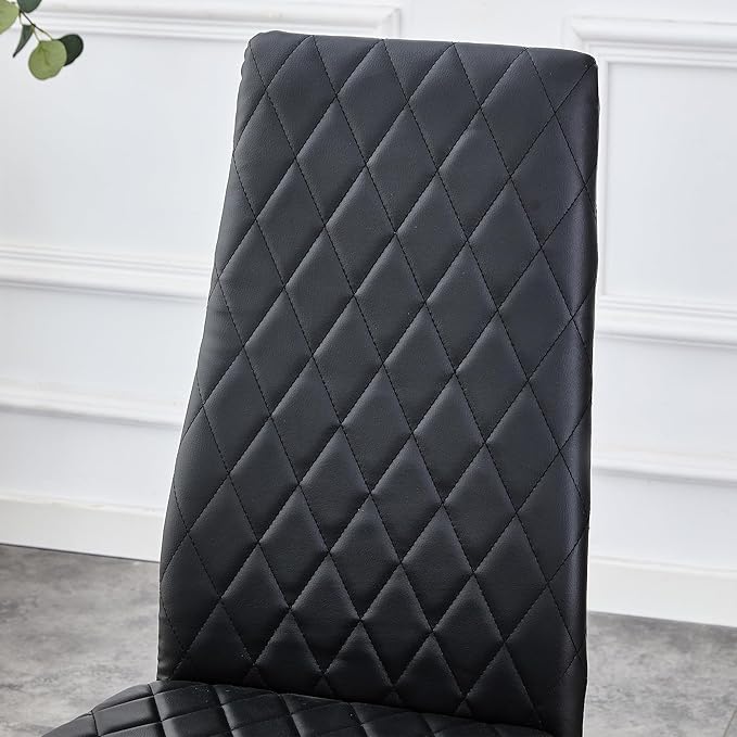 Modern Minimalist Dining Chair Fireproof Leather Sprayed Metal Pipe Diamond Grid Pattern Restaurant Home Conference Chair Set of 4 Or 6 (6, Jet Black)