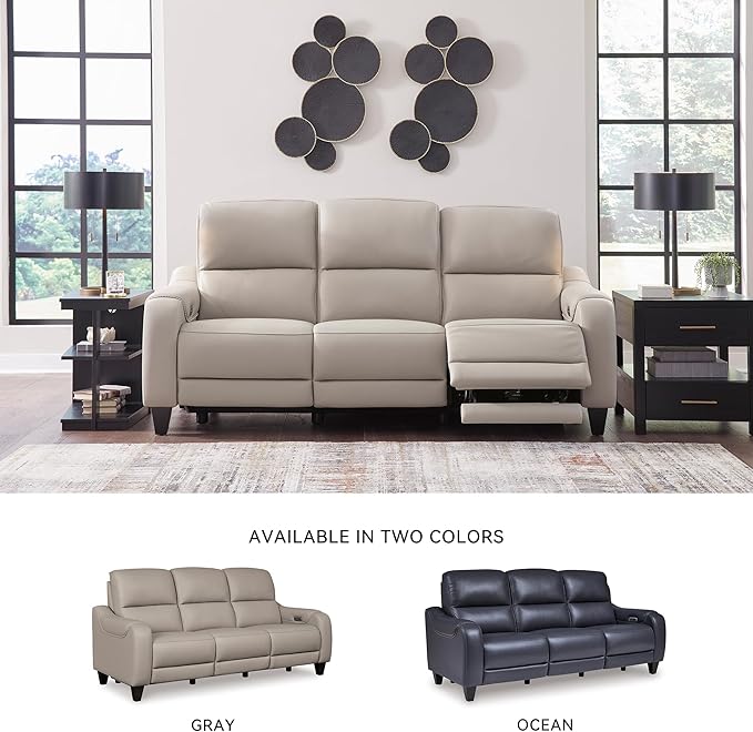 Signature Design by Ashley Mercomatic Casual Leather Match Wall Hugger Power Reclining Sofa with Adjustable Headrest and USB Ports, Light Gray