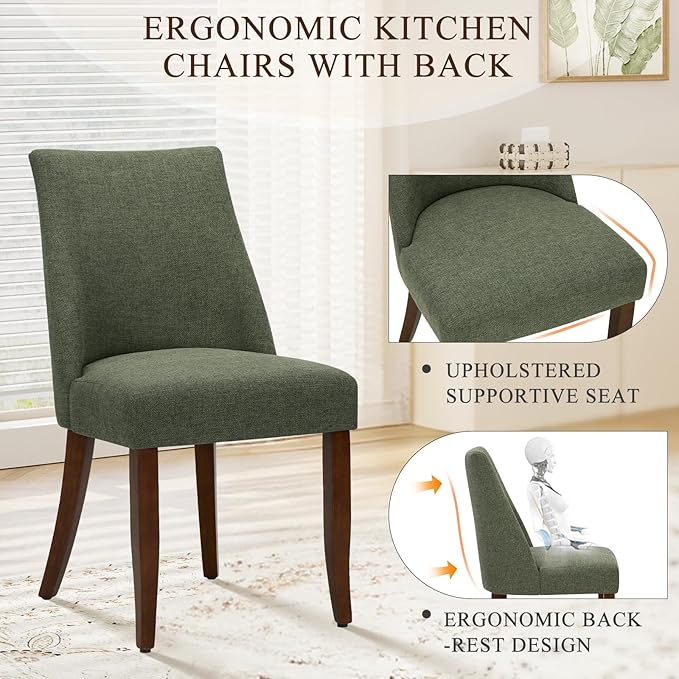 COLAMY Upholstered Dining Chairs Set of 4, Mid Century Modern Kitchen Chairs with Back, Farmhouse Fabric Side Dining Room Chairs with Wood Legs for Dining Room Restaurant, Green