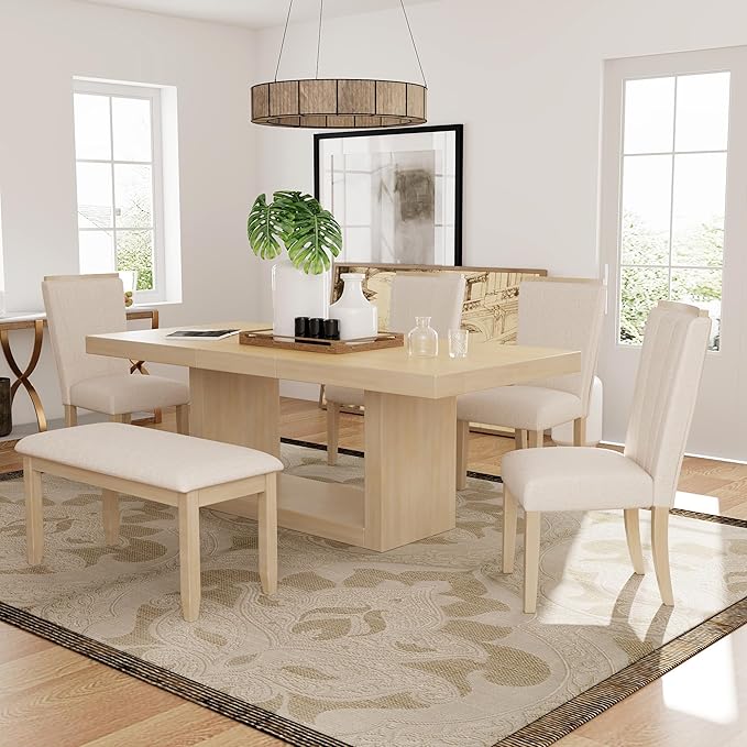 Ball & Cast 6 Piece Dining Table Set with 4 Upholstered Chairs & 1 Bench,Wooden Living Room Furniture for 6 W/ 78" Rectangle Kitchen Desk,for Restaurant,Home Bistro,Natural+Beige