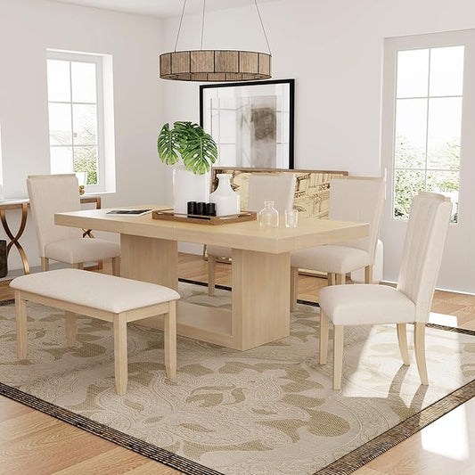 Ball & Cast 6 Piece Dining Table Set with 4 Upholstered Chairs & 1 Bench,Wooden Living Room Furniture for 6 W/ 78" Rectangle Kitchen Desk,for Restaurant,Home Bistro,Natural+Beige