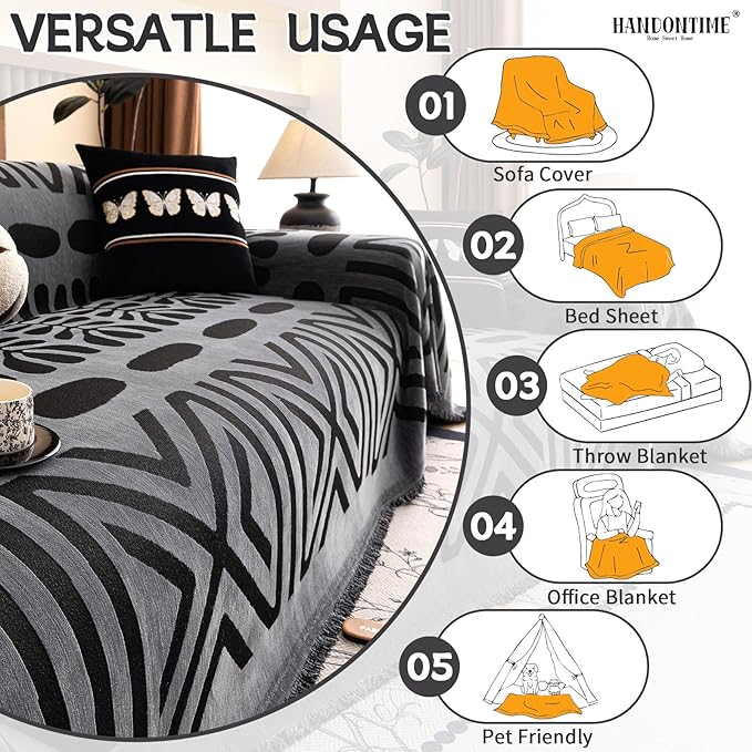 HANDONTIME Boho Couch Cover Blanket Geometric Striped Pet Covers for Couches and Sofas Dark Grey and Black Dog Cover for Couch Pet Friendly Chenille Sectional Sofa Covers for Pets Washable, 71" X150"