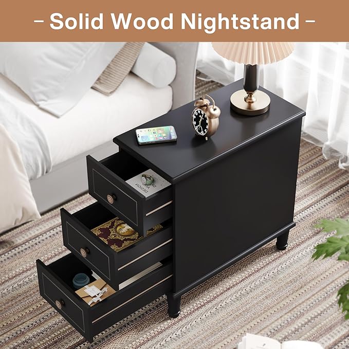 Tribesigns Solid Wood End Table Set of 2, Fully Assembled Narrow Side Table with Drawers, Pre-Assembled Nightstand Slim Bedside Table for Small Spaces, Living Room, Bedroom, Black