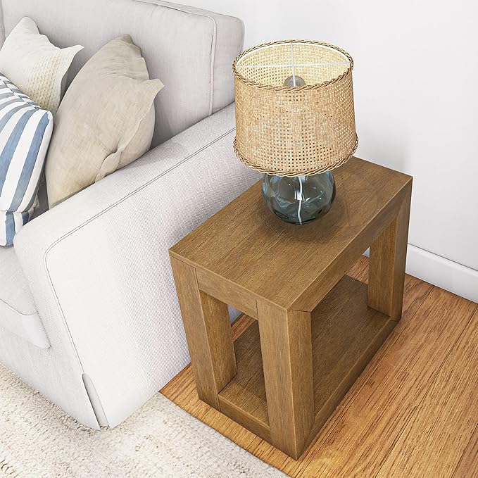 Plank+Beam Modern Rectangular Side Table with Shelf, 25", Solid Wood Narrow End Table for Living Room with Storage, Compact Bedside Table for Small Spaces, Pecan Wirebrush