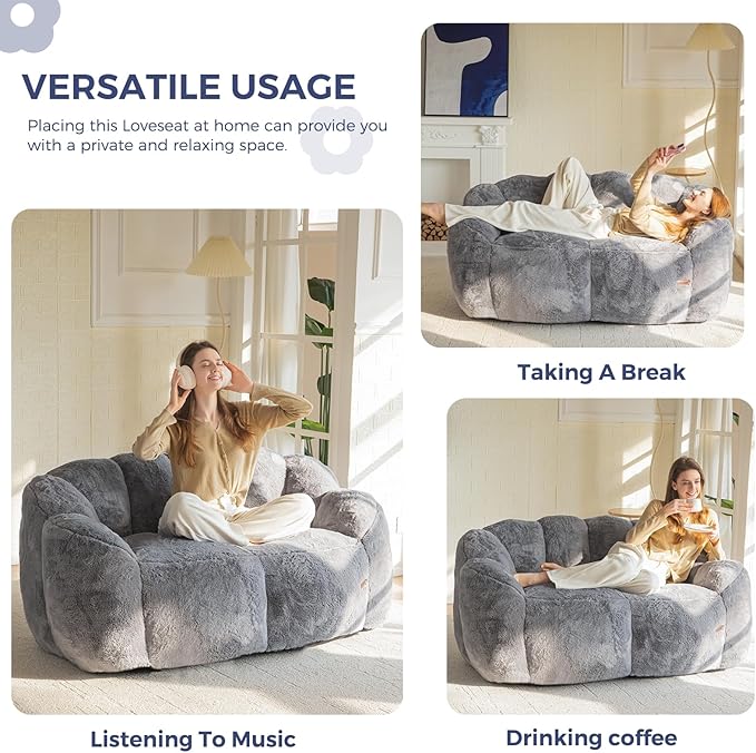 MAXYOYO Bean Bag Chair for Adults, Loveseat Floral Shaped Bean Bag Sofa, Ultra Soft Love Seat Mini Sofa Couch, Faux Fur Reading Chair for Living Room Bedroom, Dark Grey