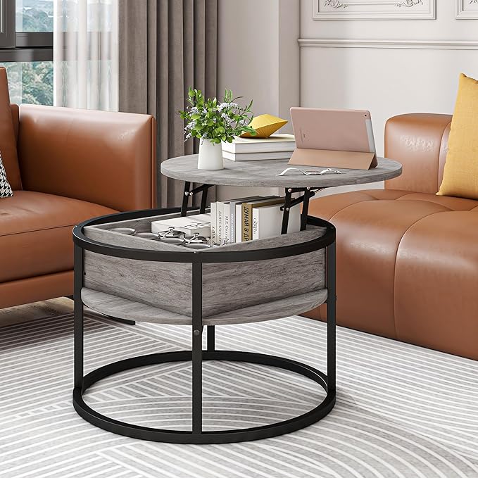 Round Coffee Table with Storage,Lift Top Coffee Table for Living Room Reception Room,2 Tier Small Round Table Dining Center,Grey