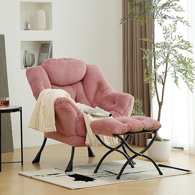 Lazy Chair with Ottoman, Modern Chair with Folding Footrest, Lounge Accent Chair, Comfortable Reading Chair (Plush Dark Pink)