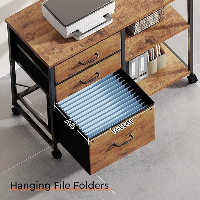 3 Drawer File Cabinet with Wheels Rolling Printer Stand with Open Storage Shelf Fabric Lateral Filing Cabinet for Home Office,Rustic Brown2